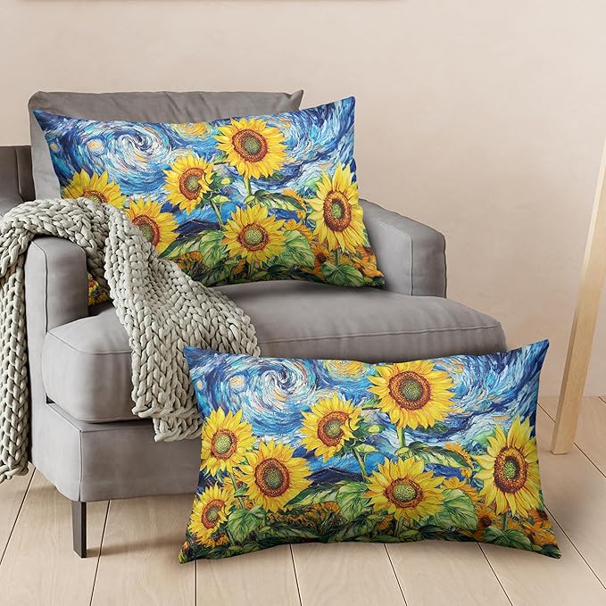 Sunflower Lumbar Pillow Covers 12x20 Set of 2 Van Gogh Starry Night Throw Pillow Covers Oil Painting Sunflowers Pillow Case Spring Summer Cotton Linen Cushion Case for Sofa Garden Patio