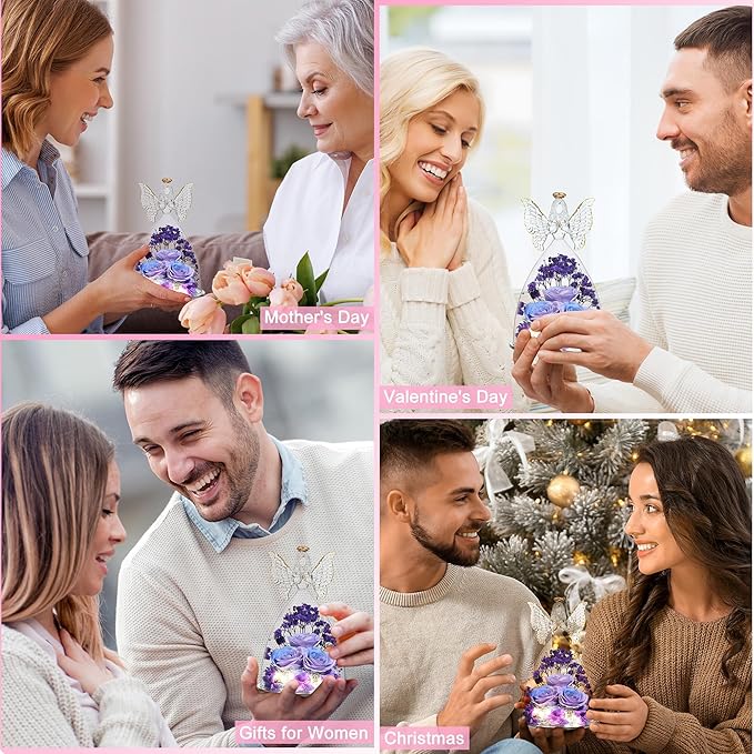 Mothers Day Rose Gifts for Women Preserved Real Flower in Glass Angel Figurines Roses for Delivery Prime Birthday Gifts for Mom Grandma Girlfriend Wife Her, BluePurple