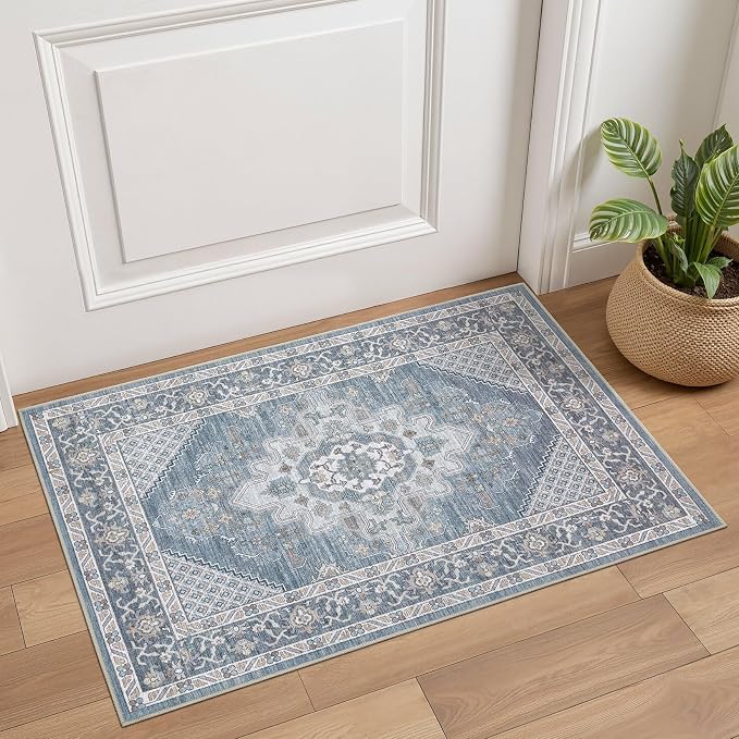 Tortania Area Rug 2x3 Doormat - Washable Vintage Oriental Farmhouse Soft Thin Indoor Carpet for Living Room Bedroom Hallway Entryway Kitchen - Blue