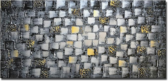 MyArton Large Thick Abstract Dark Silver add Golden Square Wall Art Hand Painted Artwork Textured Oil Painting on Canvas Framed Ready to Hang 60x30inch