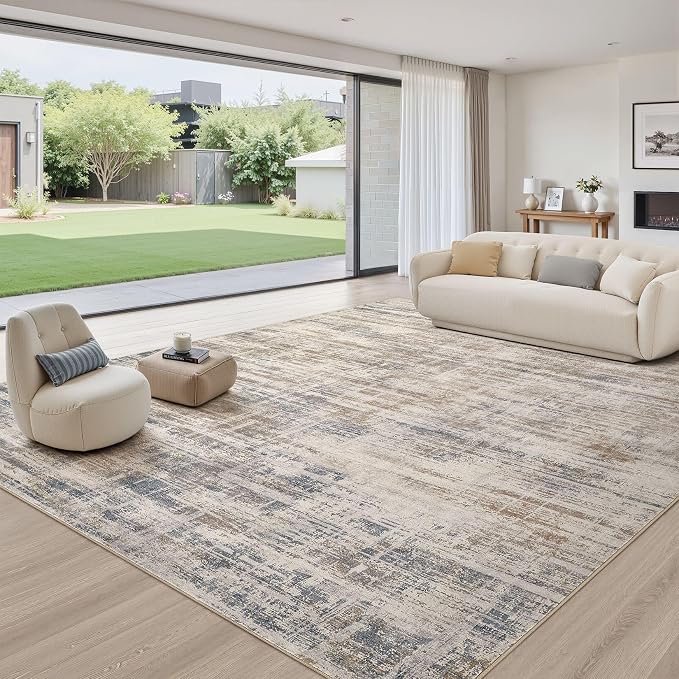 UERMEI 8x10 Washable Area Rug for Living Room: Modern Neutral Abstract Large Soft Low Pile Carpet Non-Slip Pet Kids Friendly Indoor Decor for Bedroom Dining Room Home Office Nursery Brown