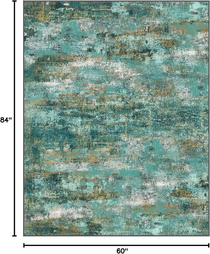 BEIMO Machine Washable Rug 5x7 Area Rugs for Living Room Bedroom, Large Turquoise Abstract Area Rug Soft Throw Rugs, Low-Pile Floor Carpet with Non Slip Rubber Backing