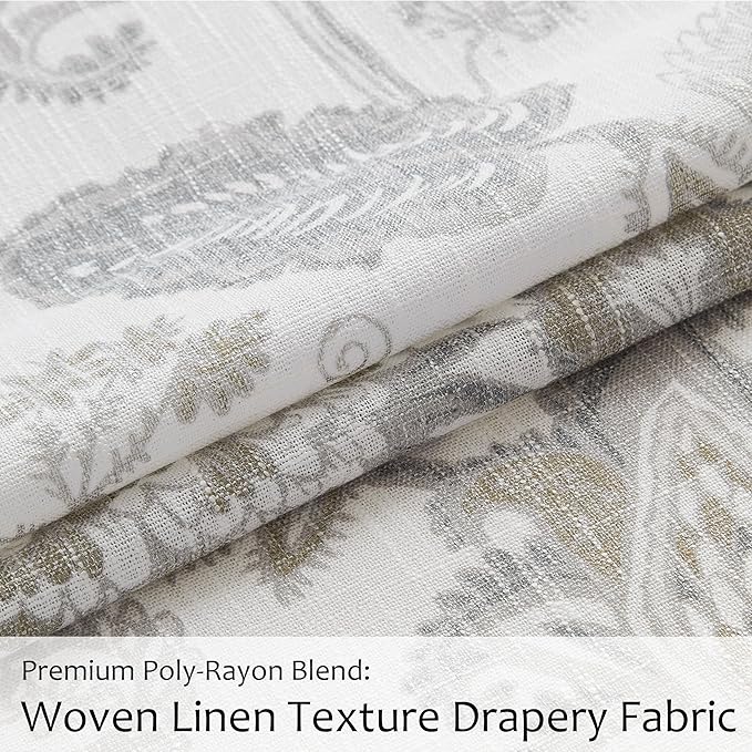 Kayne Studio Pinch Pleated Jacobean Floral Light Filtering Window Curtains Boho Botanical Leaf Printed Vintage Farmhouse Linen Grey Back Tab Window Treatment Set Living Room Bedroom,40"x90",2 Panels