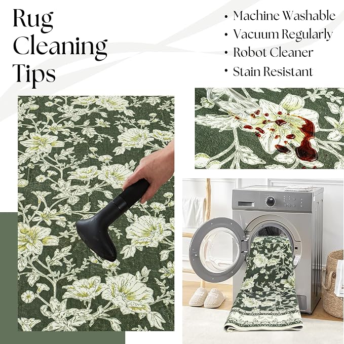 Olive Green Floral Print Area Rugs for Bedroom Living Room Boho Farmhouse Country Rustic Dining Room Carpet Soft Washable Rugs Non Slip Floor Covering for Nursery Playroom 10x12