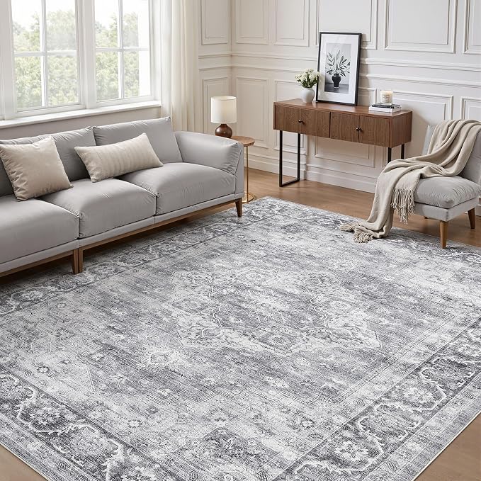 7x10 Area Rug Living Room: Washable Boho Large Neutral Vintage Soft Rug Stain Resistant Farmhouse Non-Slip Indoor Floor Carpet for Bedroom Nursery Kids Playroom Office Dining Room- Gray