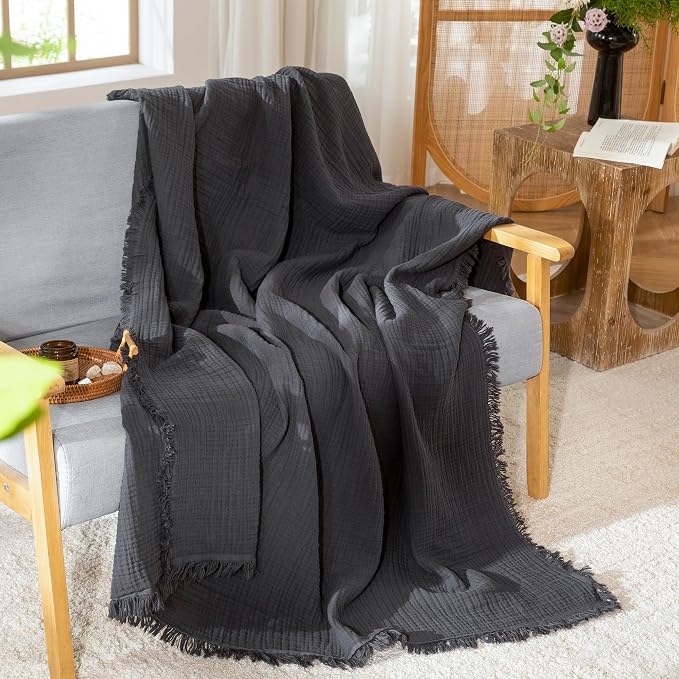 MooMee Muslin Blanket - 100% Cotton 4-Layer Gauze Throw Blanket with All-Around Fringe, Soft Breathable Lightweight Cooling Summer Blankets for Bed Couch (Dark Grey,Throw XL 50" x 70")