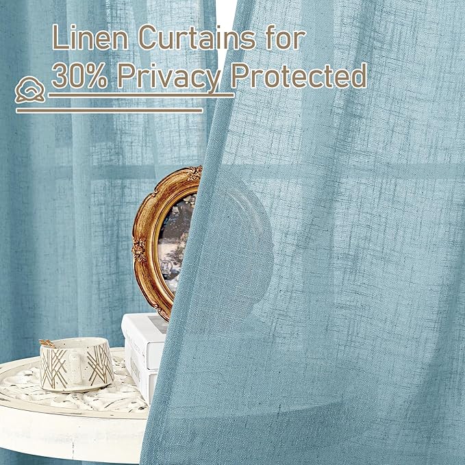 LAMIT Stone Blue Semi Sheer Window Linen Curtains 63 Inch Length, Light Filtering Panels Back Tab and Rod Pocket Country Decor Drapes for Bedroom/Living Room, 2 Panels, 34 x 63 Inch