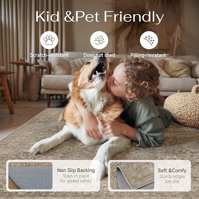 HUGEAR Hallway Runner Rugs 3x10 Light Brown Washable Rug Neutral Vintage Rug Carpet Distressed Soft Durable Non Slip No Shedding for Indoor Bedroom Kitchen Dining Nursery Laundry