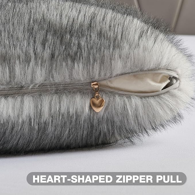 FUTEI Pack of 2 Faux Raccoon Fur Plush Throw Pillow Covers 18x18 Inch Soft Fluffy Farmhouse Decorative Cushion Case Modern Luxury Accent for Couch Bed Living Room, Beige Gray