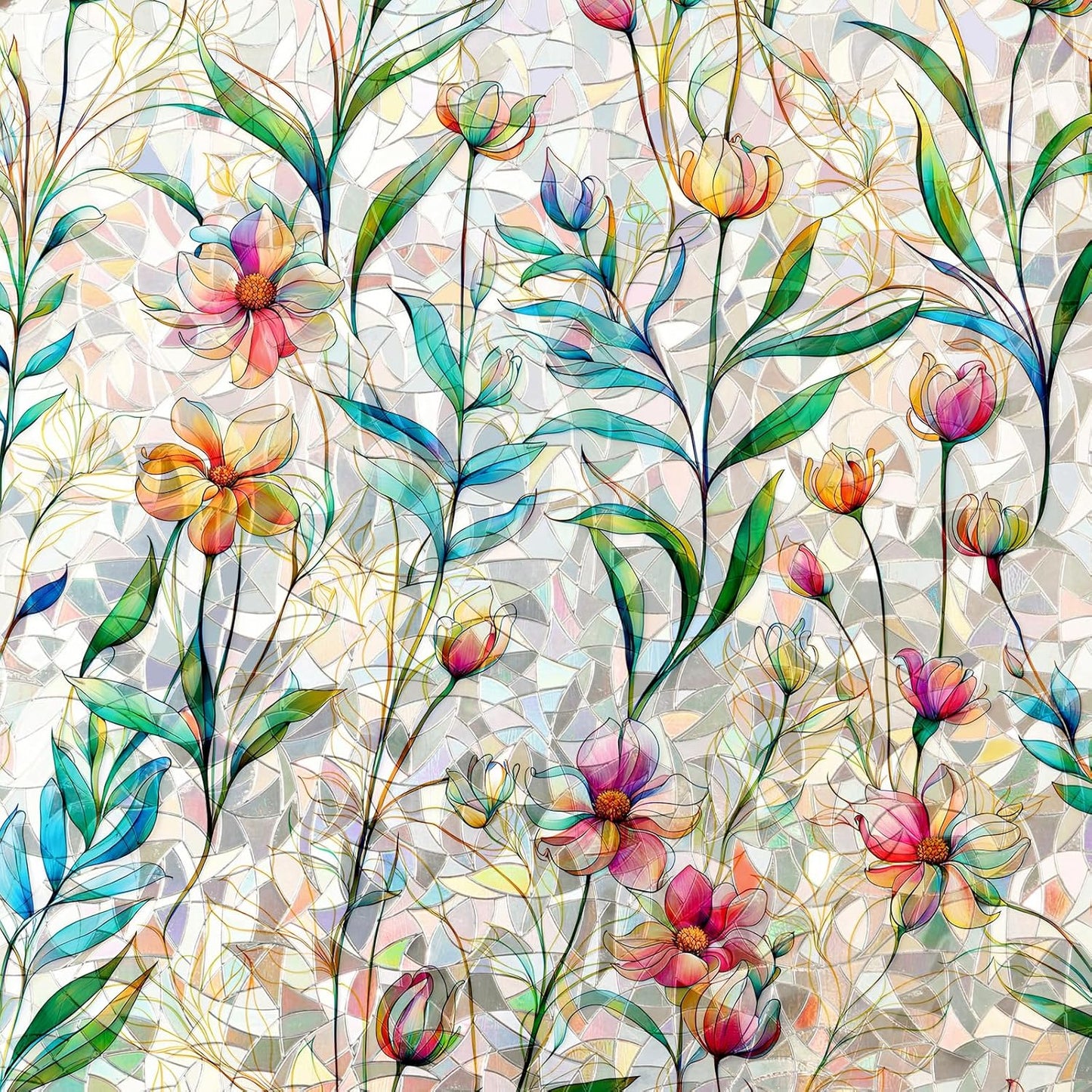 Rainbow Window Privacy Film 3D Floral Decorative Stained Glass Window Film Anti UV Non-Adhesive Reusable 23.6" x 78.7" for Home Room Car Glass Cling