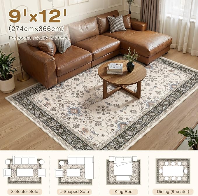 9x12 Area Rugs for Living Room - Large Carpet Ultra Thin Soft Washable Oriental Vintage Floral Distressed Big Indoor Carpets for Bedroom Nursery Dorm Home Decor Aesthetic - Brown Black