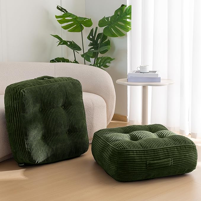 HIGOGOGO 8" Extra Thick Floor Pillow Cushion for Adults, Meditation Cushion Pillow, Large Square Floor Sitting, Tufted Corduroy Cover, for Tatami Living Room or Yoga, 22x22 Inch, 2Pack, Dark Green