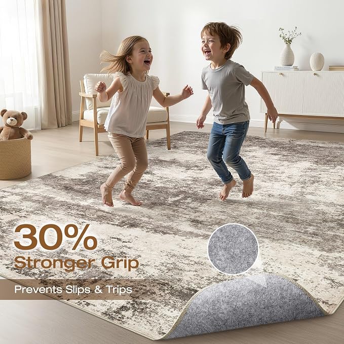 6x9 Area Rugs Living Room: Washable Large Neutral Rug Abstract Soft Modern Stain Resistant Indoor Floor Non-Slip Carpet for Bedroom Nursery Kids Office Playroom Dining Room Under Table- Mocha Brown