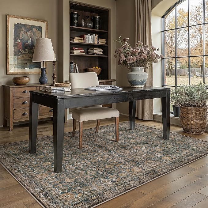 5x7 Washable Traditional Area Rug for Living Room Brown Floral Non Slip Low Pile Throw Rug Neutral Vintage Stain Resistant Carpet Bedroom Kitchen Playroom Office Dining Room