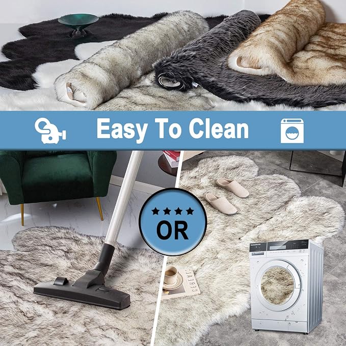 Carvapet 3x5 Faux Sheepskin Area Rug – Soft Fluffy White with Black Tips 3 x 5 Plush Fur Carpet, Shaggy Floor Mat for Bedroom, Living Room, Sofa or Bedside Decor