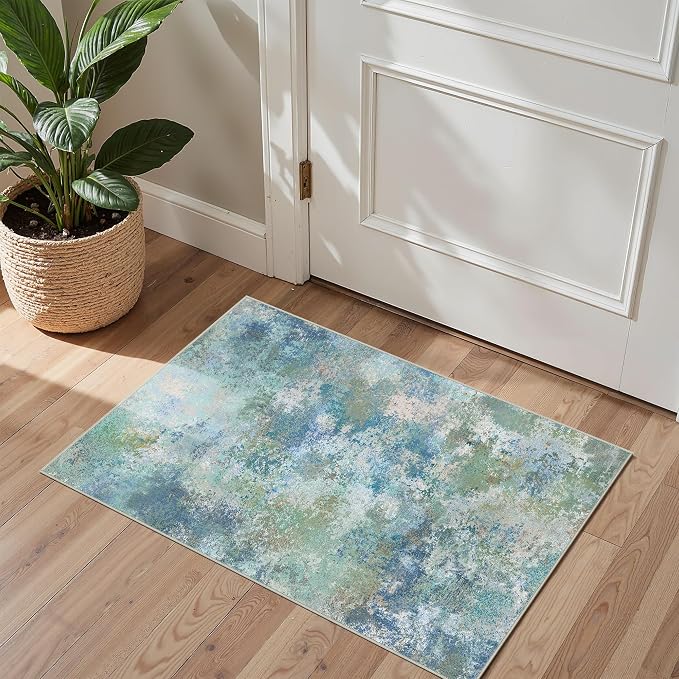 BEIMO 2x3 Rugs for Entryway Entrance Kitchen Bathroom, Machine Washable Rug Modern Abstract Soft Area Rug, Low Pile Indoor Floor Carpet with Non Slip Backing, Blue Green