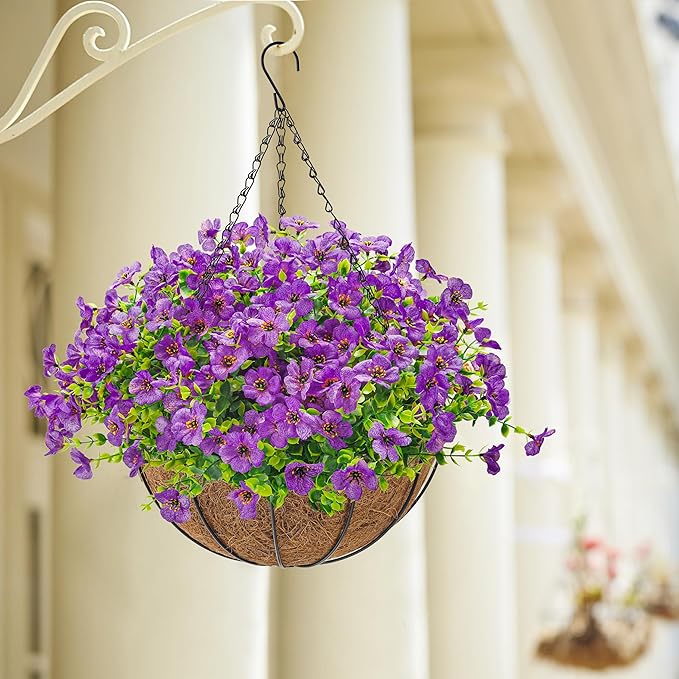 Der Rose Artificial Hanging Flowers Basket for Outdoors Fake Hanging Plants Spring Summer Decoration UV Resistant for Garden Front Porch Patio Balcony Decor