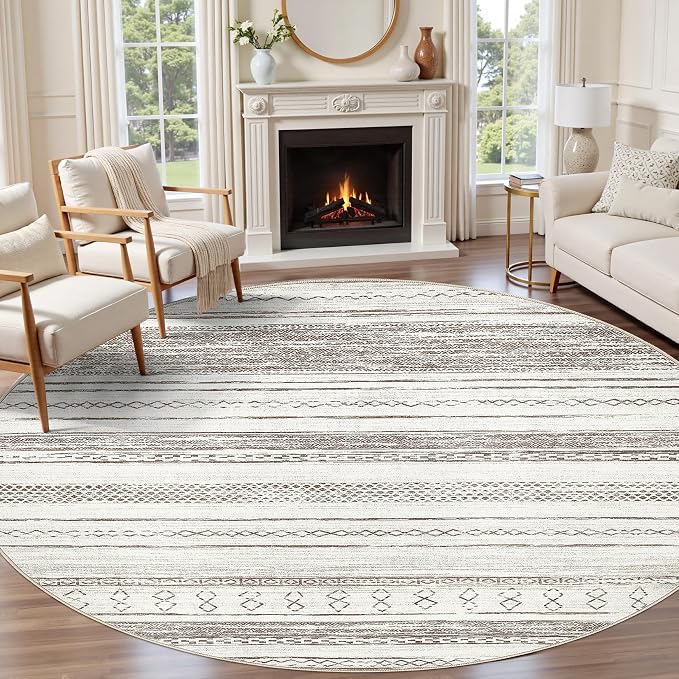 Tortania 8' Round Area Rug Living Room Rugs - Washable Large Soft Neutral Boho Moroccan Bohemian Farmhouse Rug Indoor Floor Carpet for Bedroom Under Dining Table Home Office Decor - Cream/Brown