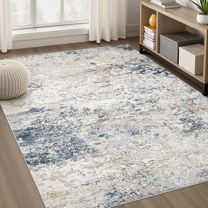 Area Rug Living Room Rugs - 5x8 Abstract Large Soft Indoor Washable Rug Neutral Modern Low Pile Carpet for Bedroom Dining Room Farmhouse Home Office - Beige Blue