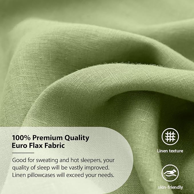 Simple&Opulence 100% Linen Pillowcases Basic Style Solid Color Set of 2, Queen Size Stone Washed Flax Pillow Cover Envelope Closure (20''x30'', Sage Green)