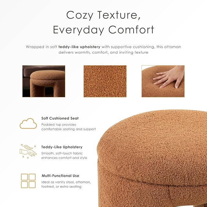 Furniture of America Rami Modern 18-inch Solid Wood Upholstered Ottoman with Pedestal Base, Vanity Stool Chair, Small Foot Stool for Bedroom, Living Room, Entryway, Beige