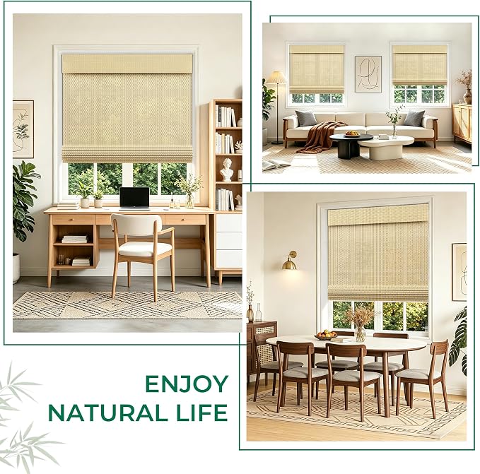 Allesin zen No Drill Cordless Bamboo Roman Shades, Light Filtering 34.5" W x 64" H, Beige