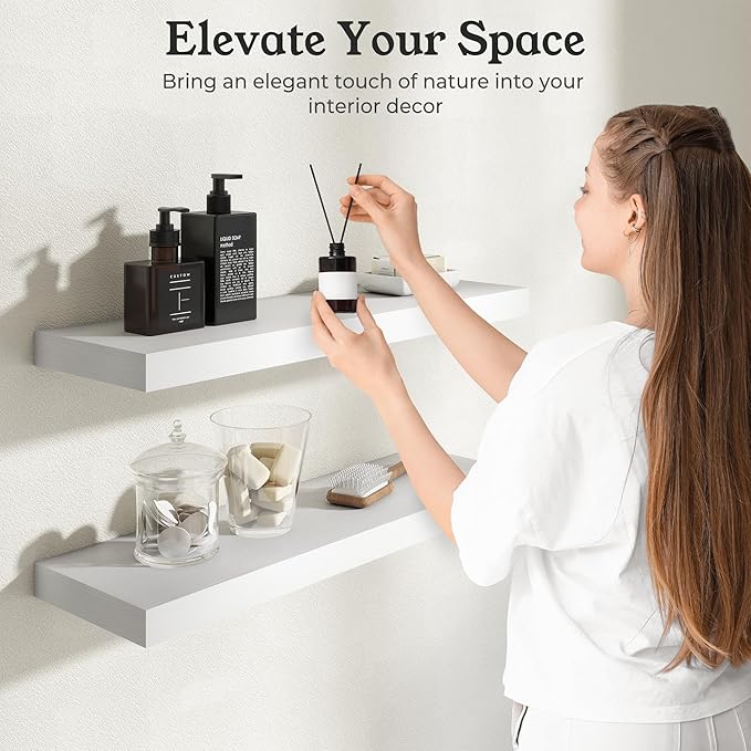 White Floating Shelves for Wall, 9.3" Deep Wall Mounted Wood Shelves for Bathroom, Bedroom, Living Room, Kitchen, Hanging Shelf for Books/Storage/Room Decor (White 30")