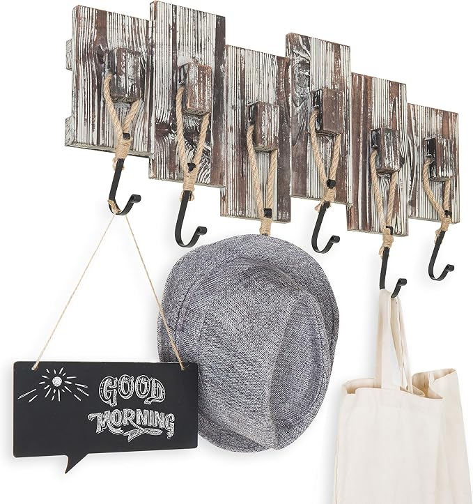 MyGift 6 Hook Wall Mounted Torched Wood Entryway Coat and Hat Rack, Decorative Nautical Style Rustic Rope Metal Hanging Storage Hooks on Offset Wooden Planks