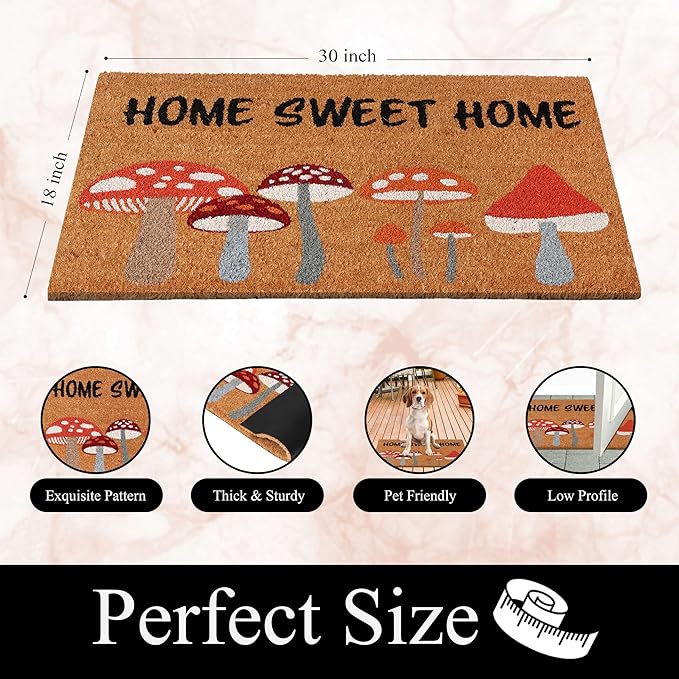 A1HC Natural Coco Coir Door Mat Home Sweet Home Mushroom Doormat with Heavy Duty Non-Slip PVC Backing - 18" x 30" - Easy to Clean, Welcome Mat for Home, Porch Decor Doormat