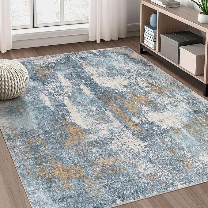 DMOYEST Area Rug Living Room Rugs - 5x7 Washable Soft Indoor Neutral Modern Abstract Low Pile Rug Carpet for Bedroom Dining Room Farmhouse Home Office - Blue Brown