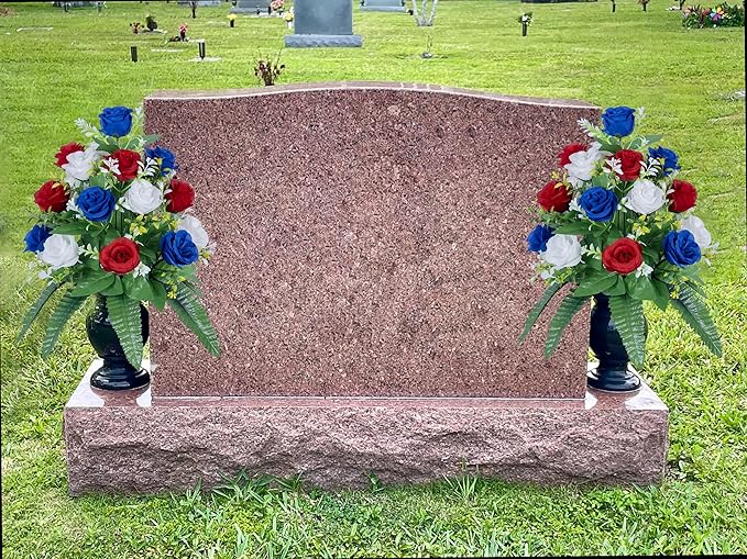 DONODA 2 Sets Artificial Cemetery Flowers， Outdoor Grave Decorations Roses，Accompanied by 2 Long Nail Vases，Lasting and Non-Bleed Colors (18 Heads (red, Blue, White))