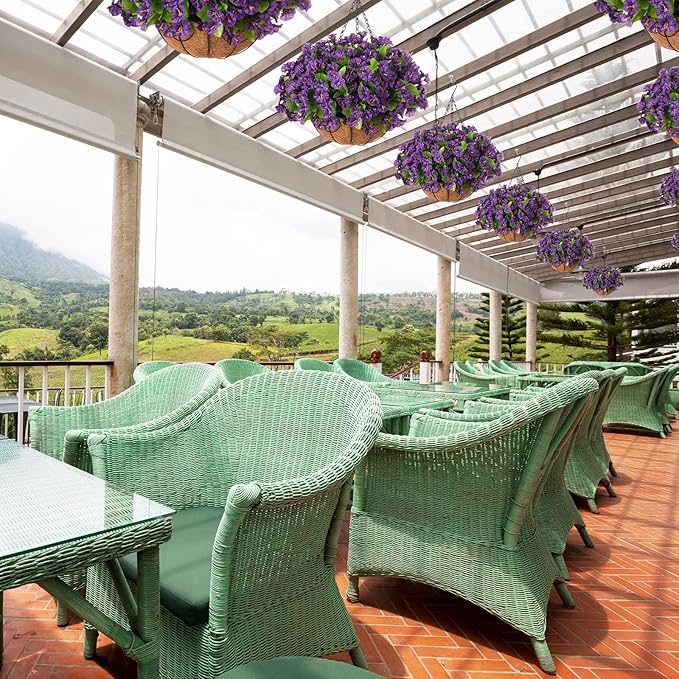 Ammyoo Artificial Hanging Flower Plants with Basket for Spring Summer Outdoor Decoration, Faux Petunias Flowers Fake Morning Glories Planter for Outside Patio Garden Porch Balcony Yard Decor(Purple)
