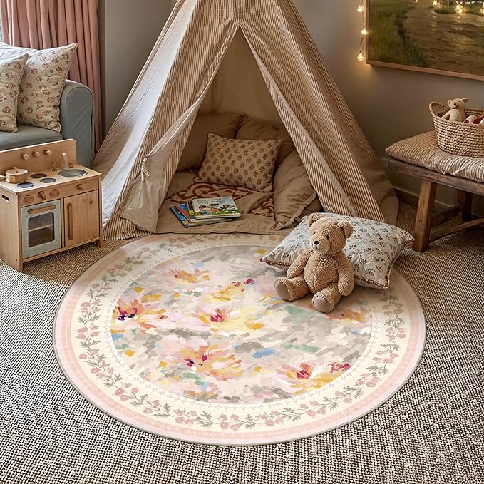 5x5 Washable Area Rug Beige Pink Living Room Bedroom Floral Throw Rug Abstract Modern Non Slip Soft Low Pile Carpet for Dining Room Office Nursery Indoor