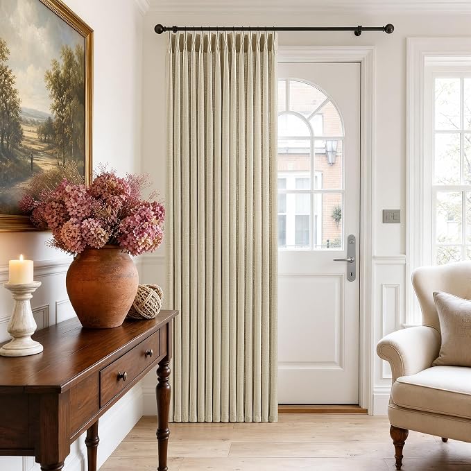 Pinch Pleated Linen Oatmeal Curtains 80 Inches Long Neutral Boho Light Filter Sheer Pinch Pleated Drape for Dining Living Room 80 Inch Burlap Textured Pleat Office Curtain 2 Panels Set 40X80