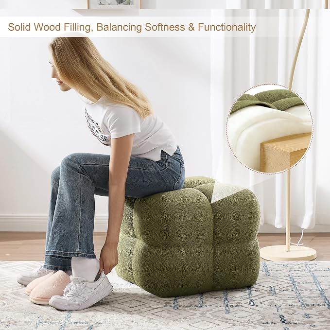 Zesthouse Square Pouf Ottoman Footstool, Modern Backless Vanity Chair for Bedroom, Green Boucle Foot Rest for Couch, Upholstered Tufted Footstool, Poofy Fabric Ottoman Coffee Table for Living Room