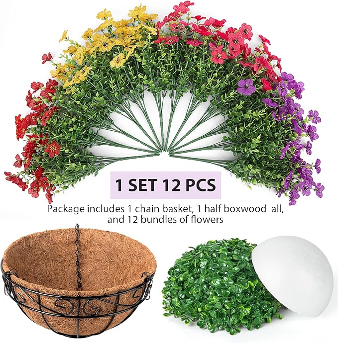 Artificial Fake Hanging Flowers Plants Basket Outdoors, Faux Silk UV Resistant Look Real Daisy Eucalyptus for Spring Summer Garden Porch Home Patio Balcony Yard Decorations, Multicolor