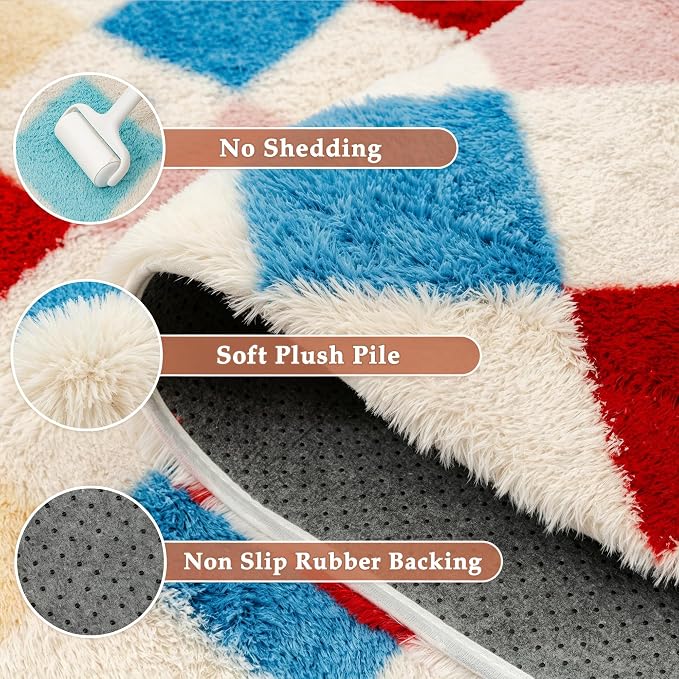 PureCozy Checkered Rug 4x6 Fluffy Shag Living Room Colorful Area Rug Modern Washable Carpet Soft Shaggy Non Slip Indoor Plush Fuzzy Rugs for Bedroom Dorm Office Home Aesthetic Decor