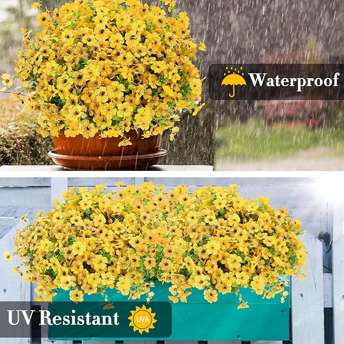 MERIXMAS 24 Bundles Artificial Flowers for Outdoors Decorations, Fake Flowers Artificial Plants Outdoor, Colorful Daisy Eucalyptus Realistic UV Resistant for Garden Patio Porch Home Decor, Yellow