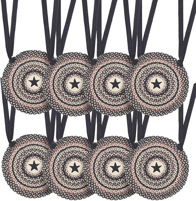 VHC Brands Colonial Star Round Seat Cushion Chair Pad, Tan Black Red, Jute Blend with Ties, 15x15 Inches, Set of 8