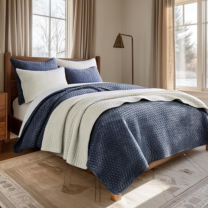 Levtex Home - Velvet Stitch Euro Shams Set of 2 (26x26in) - Navy White - No Insert - Polyester
