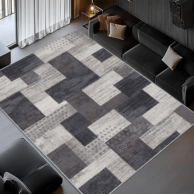 Modern Geometric Patchwork Indoor Area Rug for Living Room, Charcoal 6'x 9' Large Rug Rockwood Collection Hardwood Floors Decor for Bedroom, Grey Throw Carpet for Office Entryway Dining Room