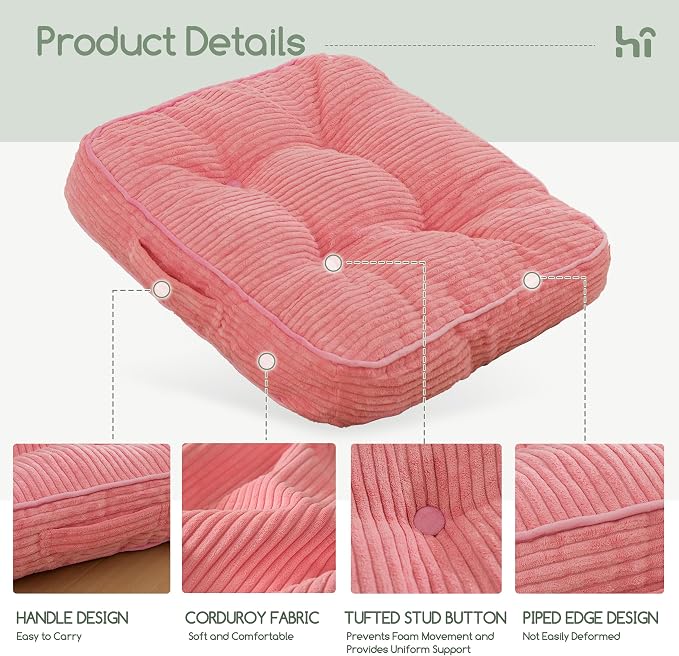 HIGOGOGO Floor Pillow Cushion for Adults, Meditation Cushion Pillow, Large Square Floor Sitting, Tufted Corduroy Cover, for Tatami Living Room or Yoga, 22x22 Inch, Pink