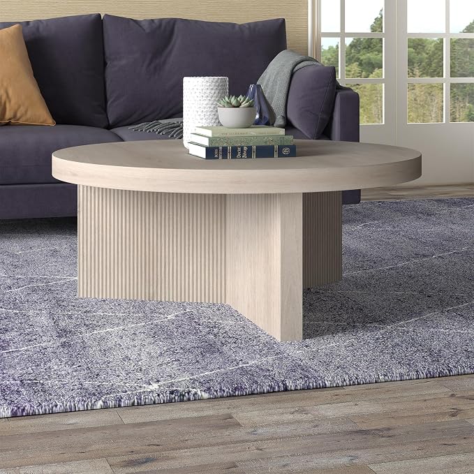 Henn&Hart 36" Fluted Round Low-Profile Coffee Table with Ribbed Pedestal Base for Living Room, Family Room, or Office, Beech White