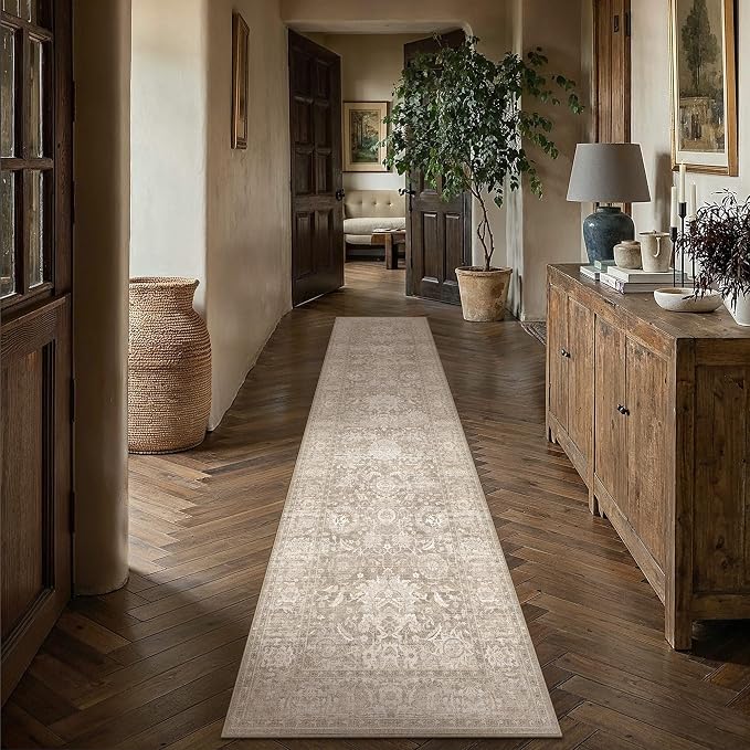 HUGEAR Hallway Runner Rugs 2x10 Beige Washable Rug Neutral Vintage Rug Carpet Distressed Soft Durable Non Slip No Shedding for Indoor Bedroom Kitchen Dining Nursery Laundry