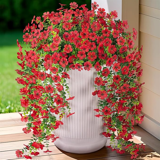 Ammyoo Artificial Hanging Flowers for Outdoors Fake Plants Decoration, 2 Pcs Faux Silk Daisy Flower Realistic Outdoor Flowers UV Resistant Porch Patio Window Yard Indoor Spring Decor(Red)