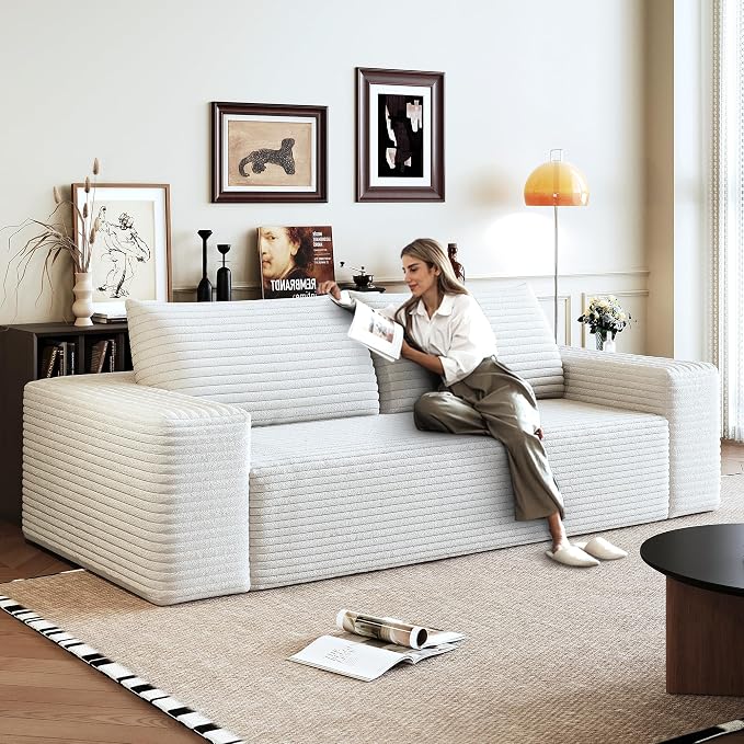 JINGLING 71" Small Couches for Small Spaces, Memory Foam Loveseat Corduroy Couch in a Box, Compressed Boneless Sofa for Living Room Bedroom, Apartment Furniture, No Assembly Required, White