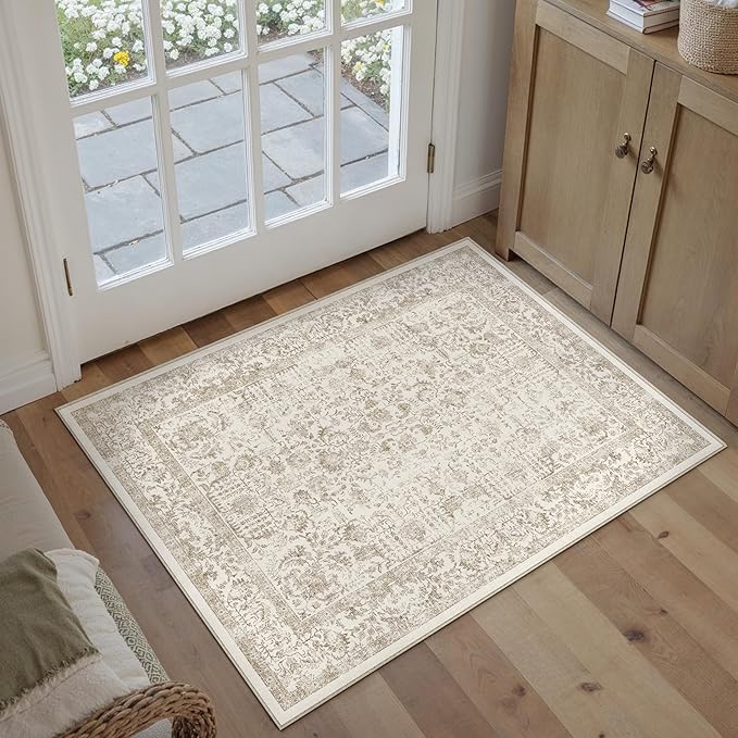 PureCozy Light Brown Entryway Area Rug 2x3 Door Mat Machine Washable Kitchen Vintage Distressed Non Slip Carpet Indoor Retro Floral Accent Throw Small Rug for Bathroom Office Bedroom Dining Room