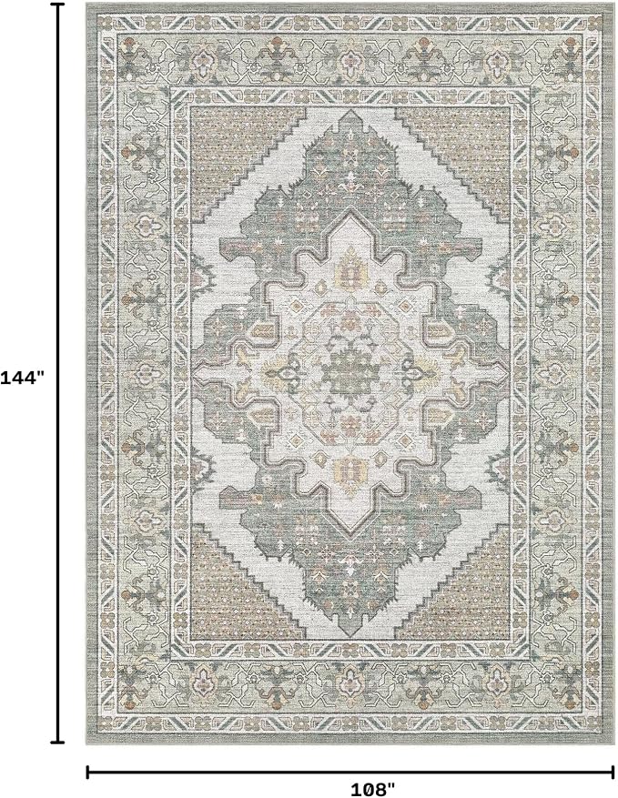 Tortania Area Rug Living Room Rugs - 9x12 Washable Boho Rug Vintage Oriental Distressed Farmhouse Large Thin Indoor Carpet for Living Room Bedroom Under Dining Table Home Office - Sage Green