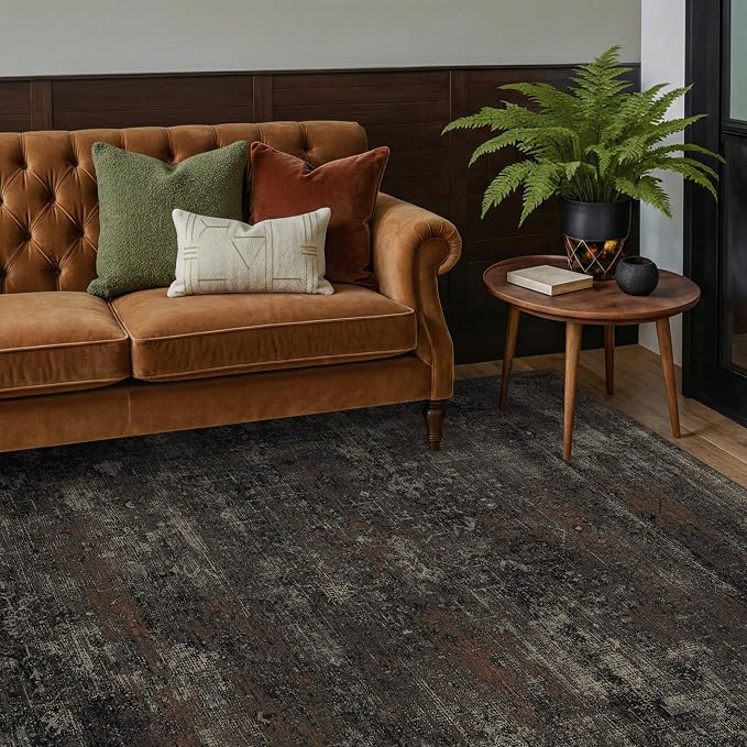 TALANOVA Modern Farmhouse Black 6x9 Area Rug for Living Room & Dining Room, Abstract Washable Non Slip Low Pile Rug for Bedroom & Office, Dark Charcoal Stain Resistant Décor