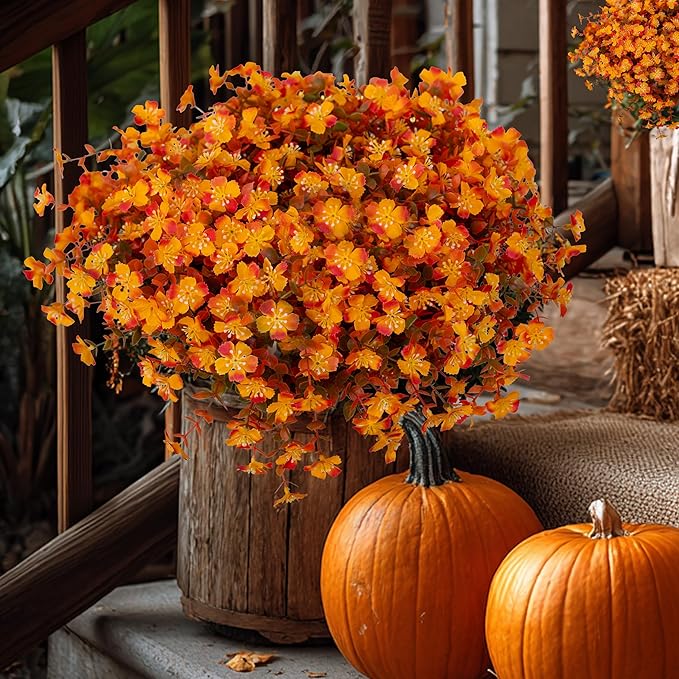 AXYLEX Artificial Fall Flowers Outdoor Fake Mums - 12 Bundles Fake Plants UV Resistant No Fade Faux Plastic Greenery Garden Porch Patio Fall Home Decor(RedOrangeYellow)
